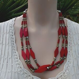 HANDMADE Red Wood & Silver Metal Beaded Necklace 10.5 inches long